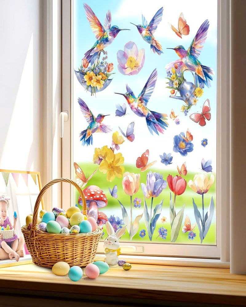 JMHACHY Easter Window Clings Decorations - 9 Sheets Easter Flower Window Clings, Colorful Hummingbirds, Butterflies Stickers for Glass Windows, Double-Sided Static Decals - Image 5